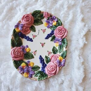 Vtg Fitz & Floyd Oval Floral Decorative Plate Dish Embossed Flowers Leaves 1994